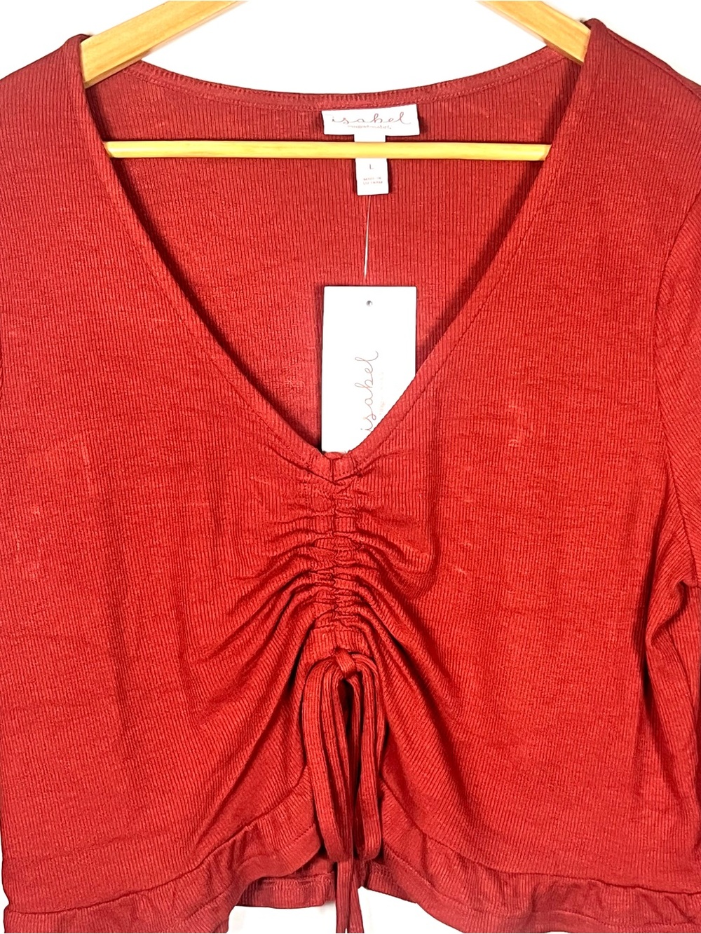 Drawstring Ruched V-Neck Long Sleeve Crop Top - Rust - Picture 2 of 8